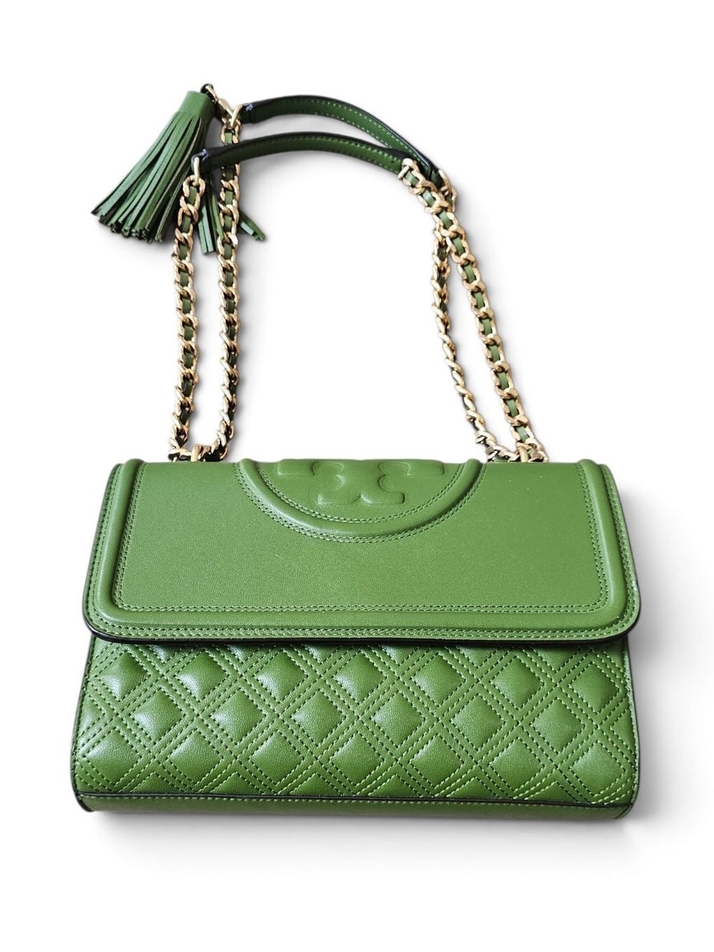 Tory Burch Olive Green Quilted Leather Shoulder Bag with Gold Chain